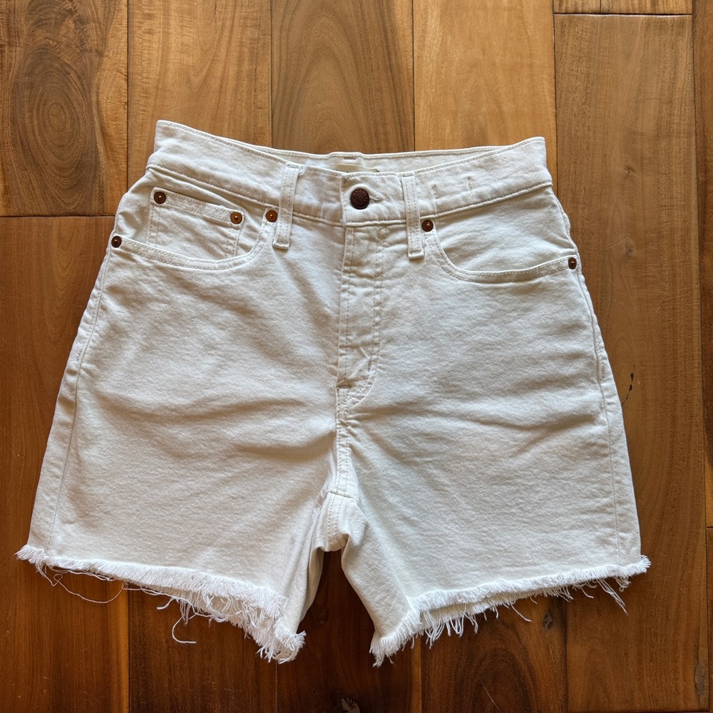 Madewell the perfect mid length short White High-Rise Frayed Hem Denim Shorts 25